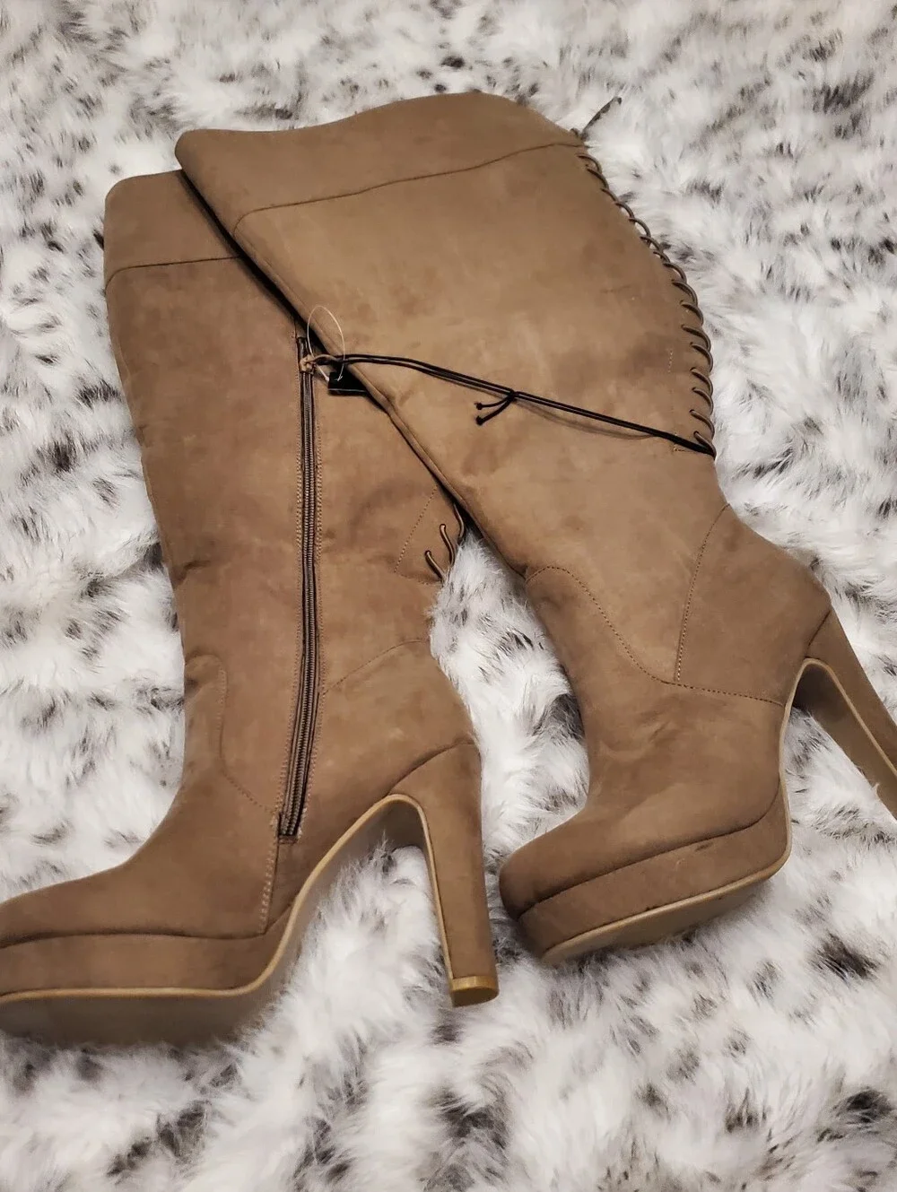 Women's EXTRA WIDE CALF Plus Size Over The Knee Lace-Up Platform Boots Tan Suede